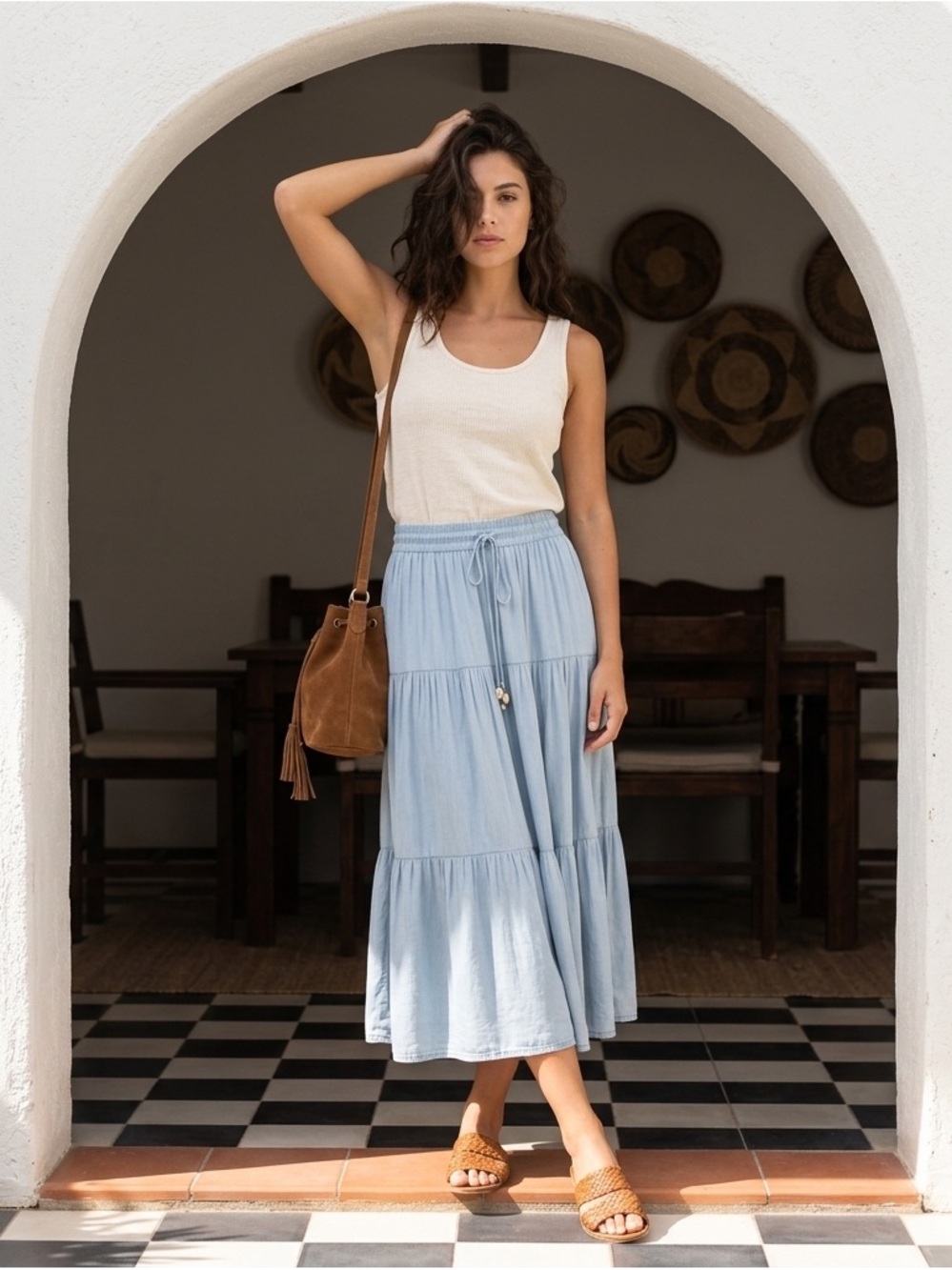 Joie Light Blue Tiered Midi Skirt - Breezy Drawstring Waist